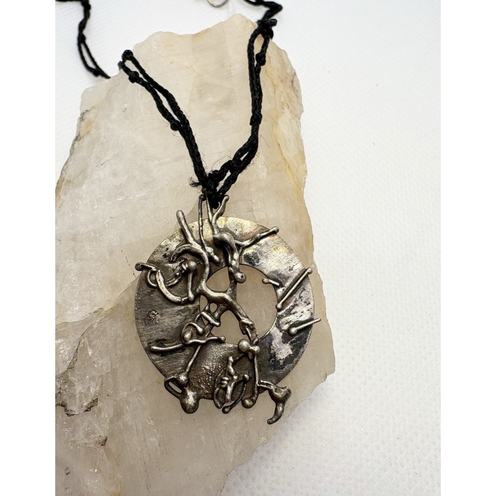 Artisan Sterling Silver Abstract Circle Pendant Necklace 16" Knotted Cord Boho